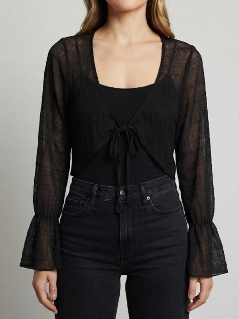 Black Sheer Tie-Front Cardigan